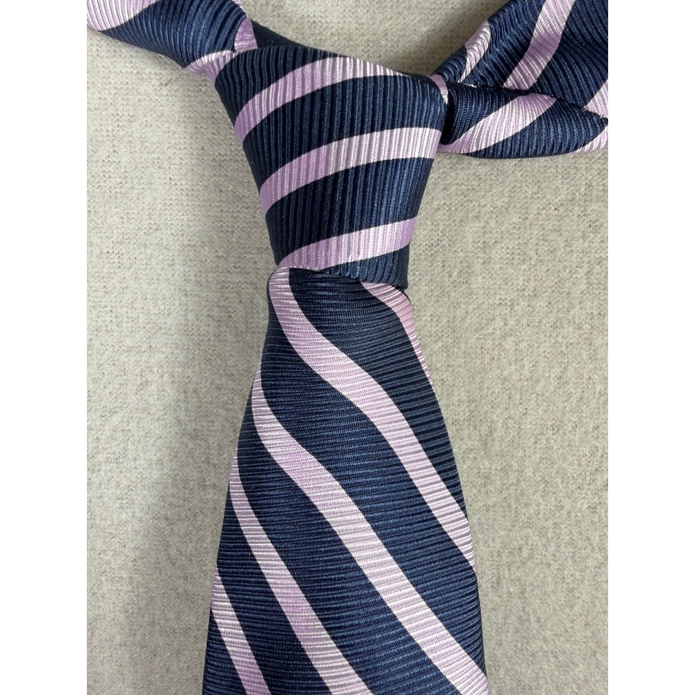 Lands End Mens Navy Blue Light Purple Striped Silk Necktie Handsewn Regular 59"